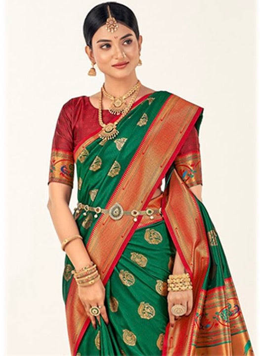 Green & Red colour Paithani Silk Saree