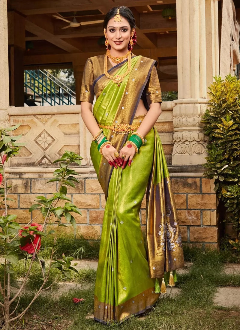 Brown And Mint Green Woven Work Traditional Saree