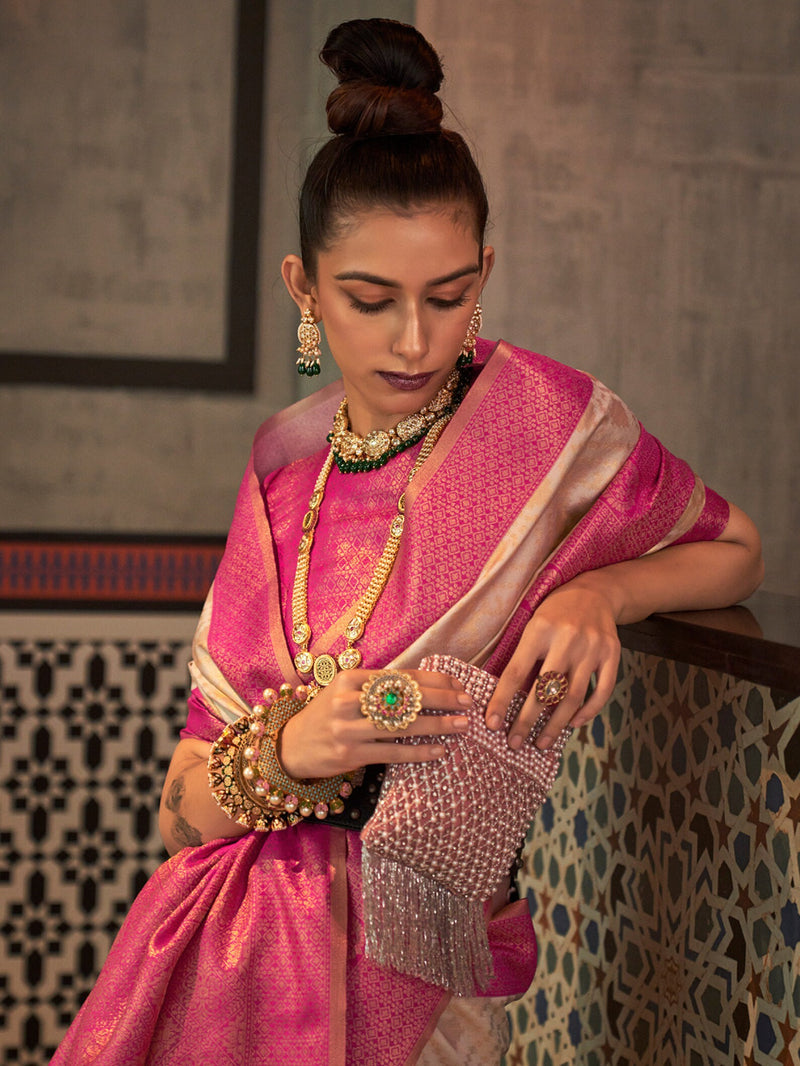 Handloom Silk Cream And Rani Saree