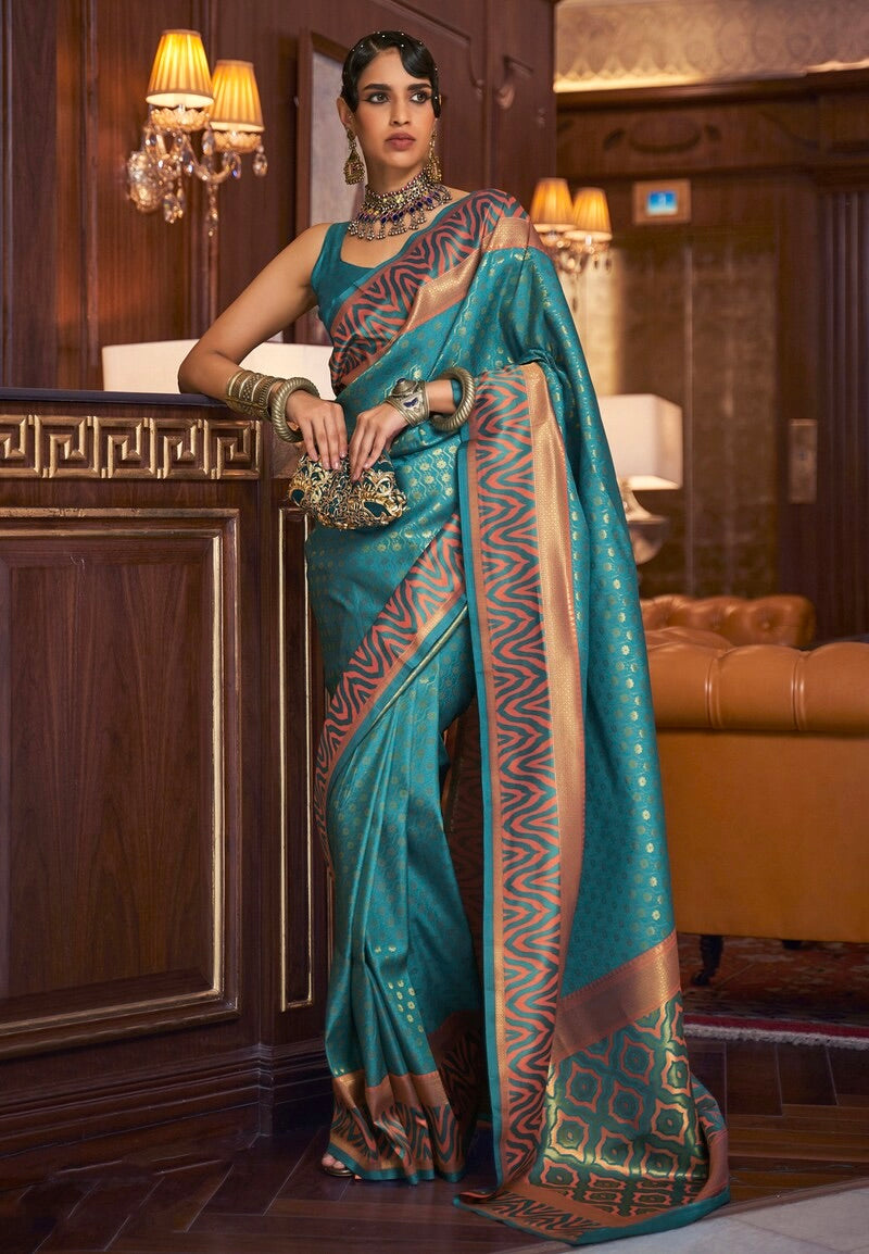 Teal colour Handloom Weaving Silk Saree