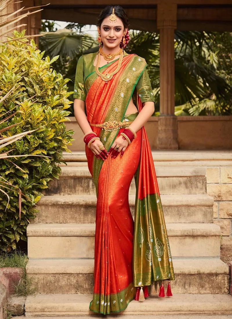 Olive And Red Woven Work Trendy Classic Saree