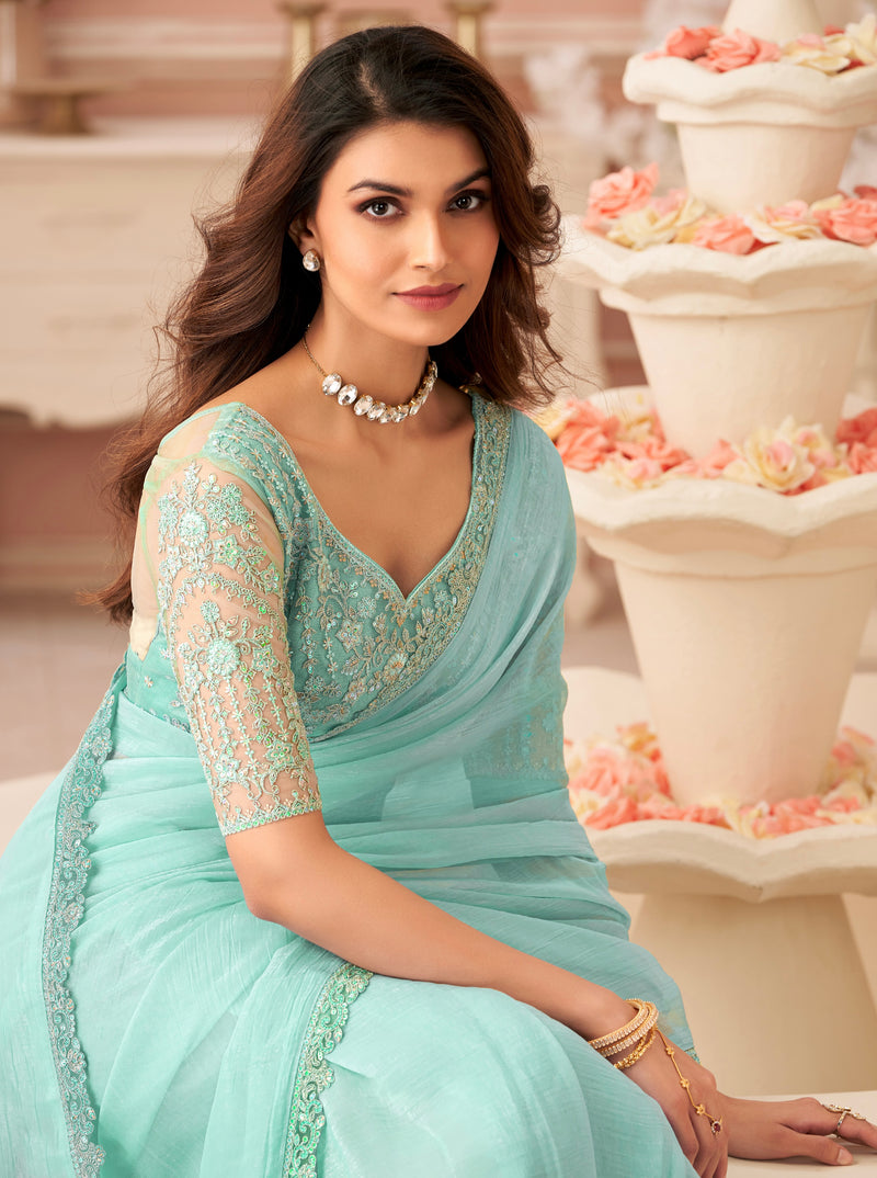 Turquoise Colour Georgette Silk Saree