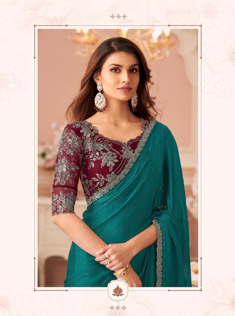Turquoise Colour Satin Silk Saree