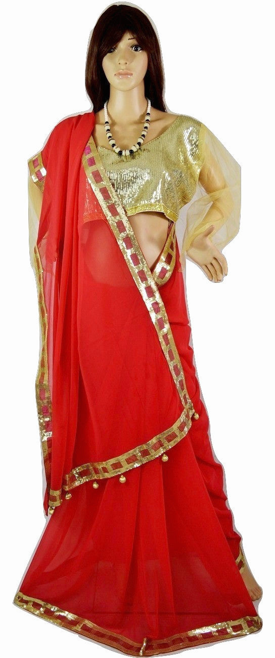 Dark Coral  Saree With Semi Stitched Gold Sequins Blouse