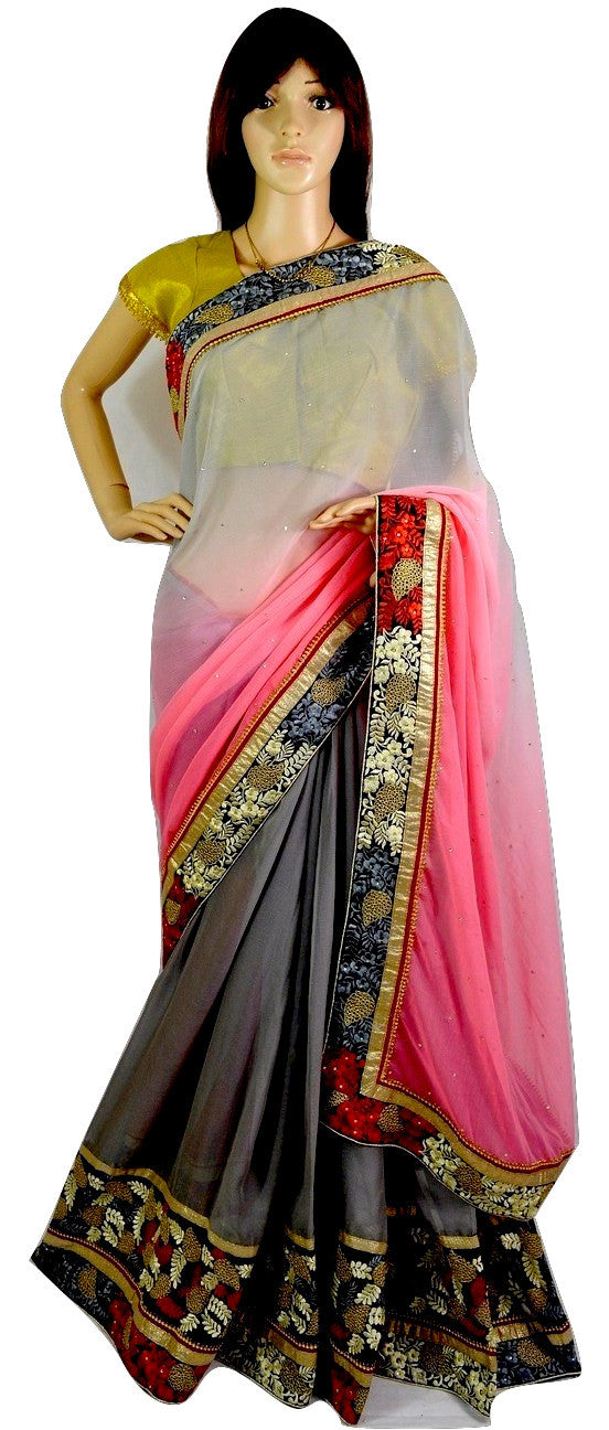 Coral,Red & Grey Half & Half Chiffon & Net Saree