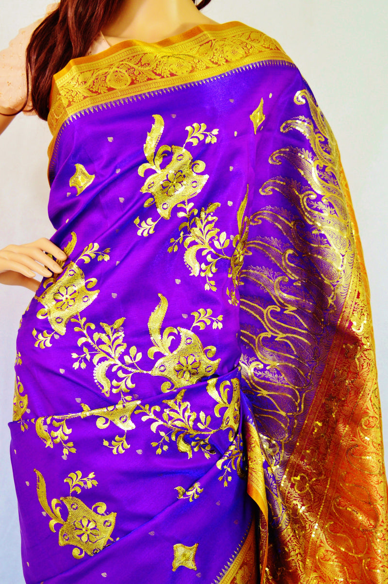 Purple & Orange Sequins Work Banaras Silk Saree