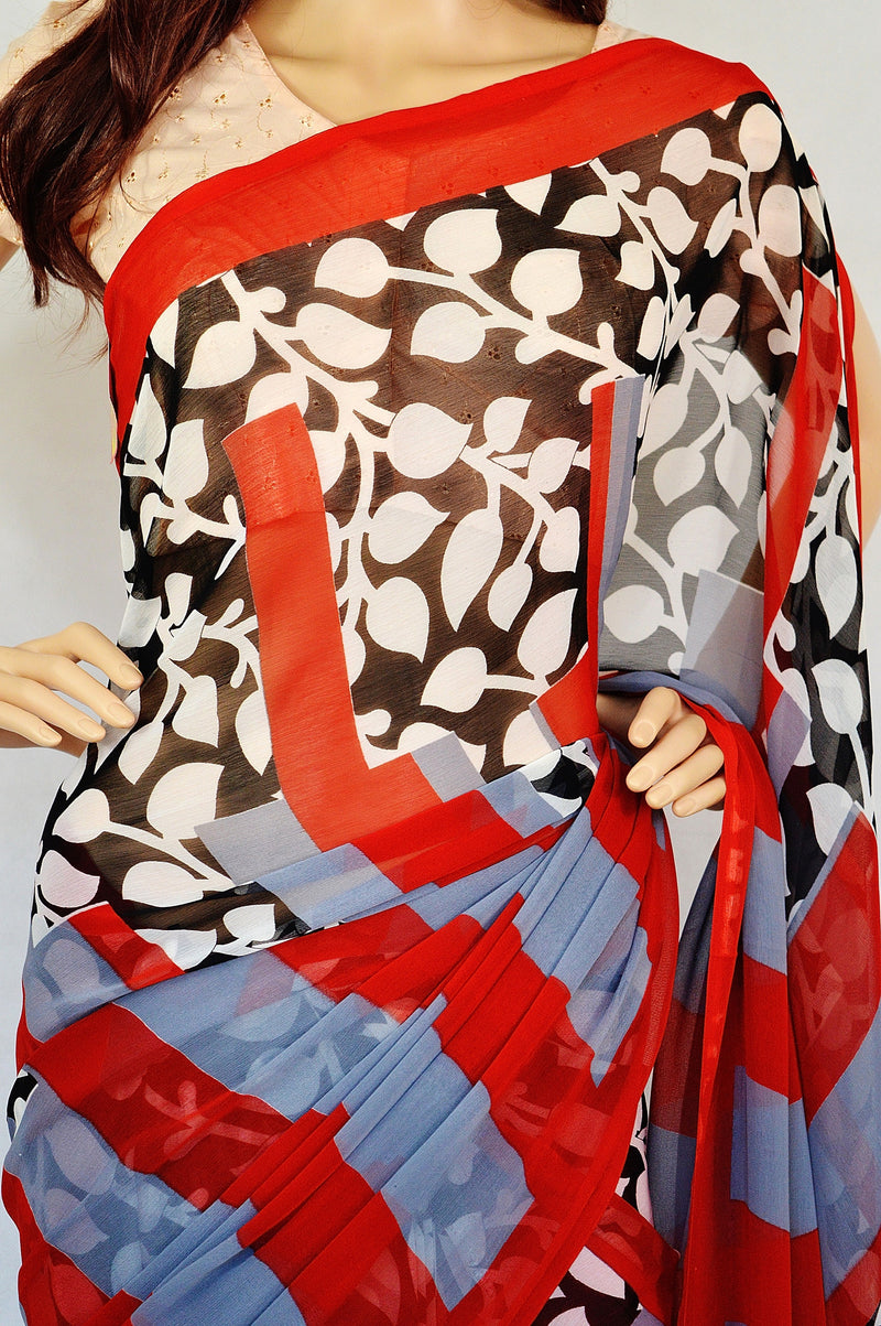 Beautiful Red, White & Black Leela Silk Saree