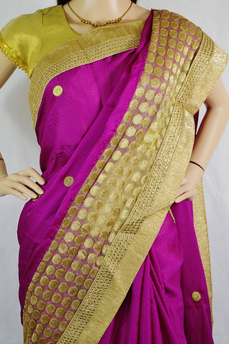 Grand Fuschia Colour & Gold  Net Work Party Wear Saree