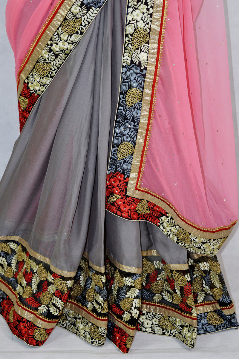 Coral,Red & Grey Half & Half Chiffon & Net Saree