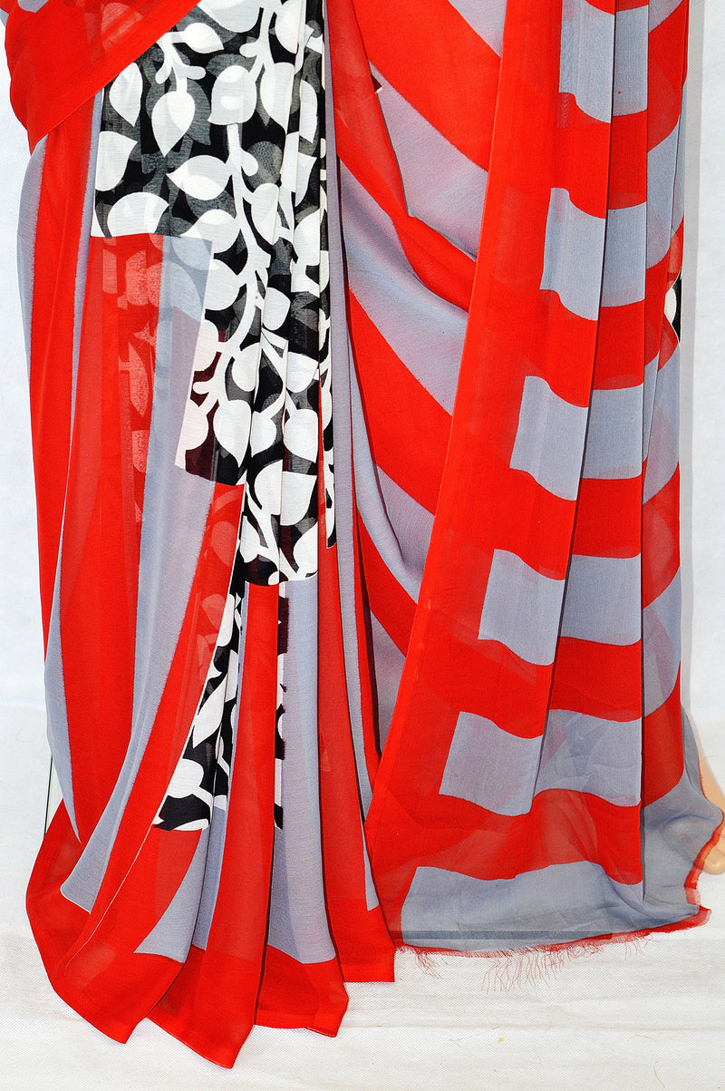 Beautiful Red, White & Black Leela Silk Saree
