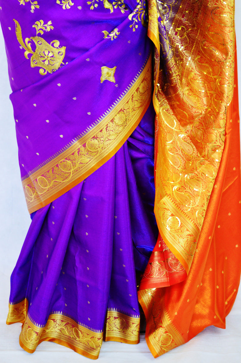 Purple & Orange Sequins Work Banaras Silk Saree