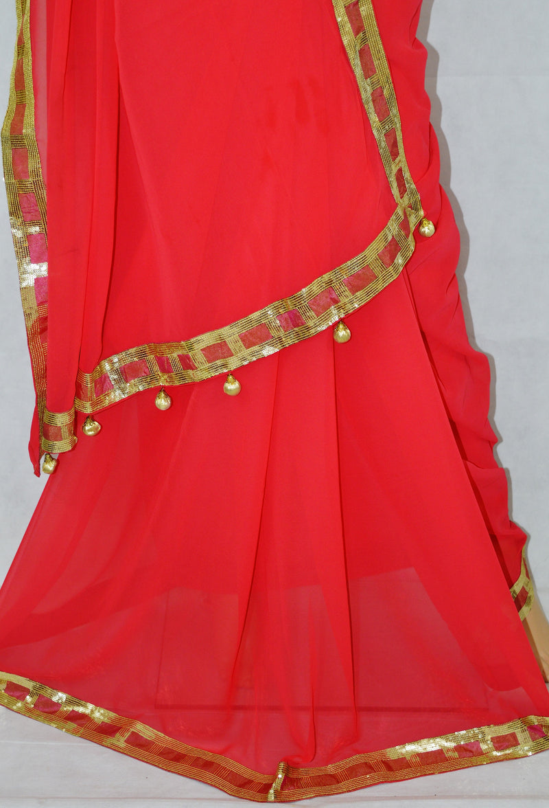 Dark Coral  Saree With Semi Stitched Gold Sequins Blouse