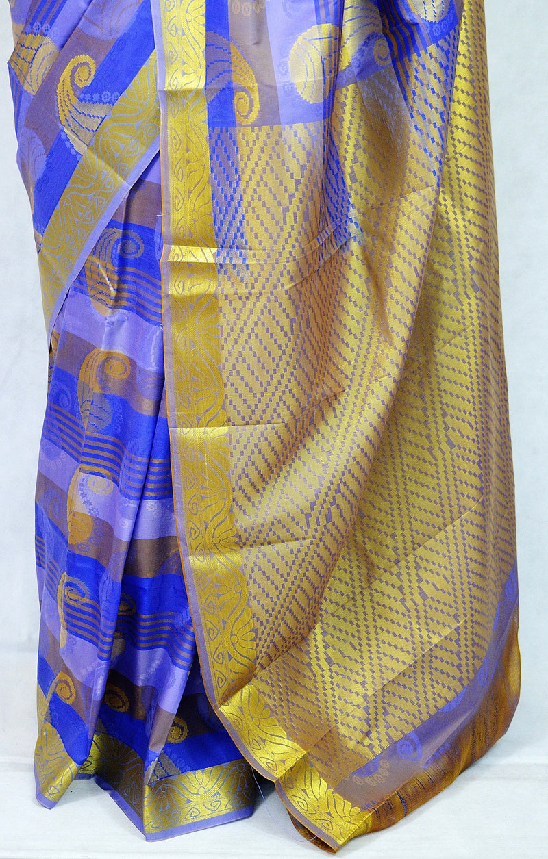 Blue, Purple & Gold Colour Kanchipuram Silk  Saree