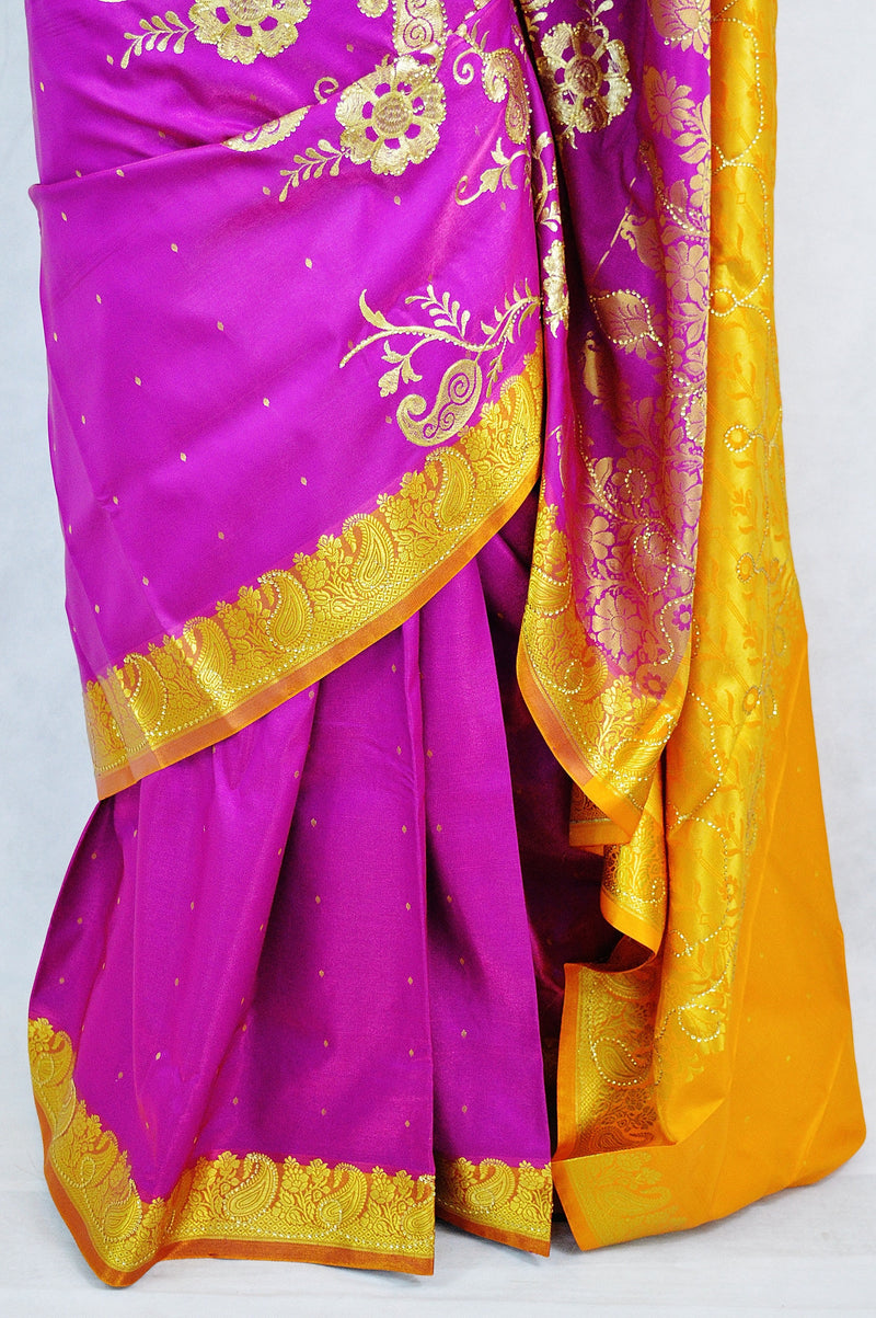 Fuchsia & Mustard Sequins Work Banaras Silk Saree