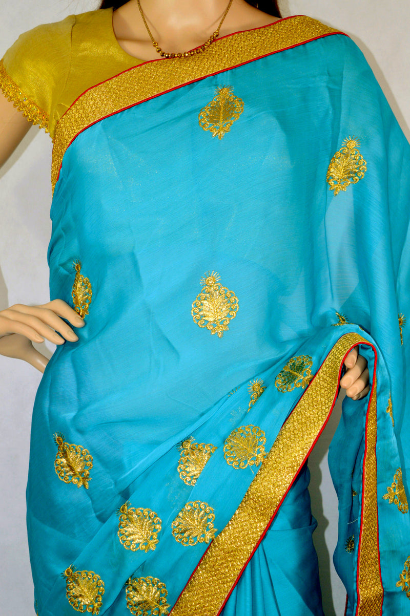 Teal Party Saree With Red Brocade Blouse Piece