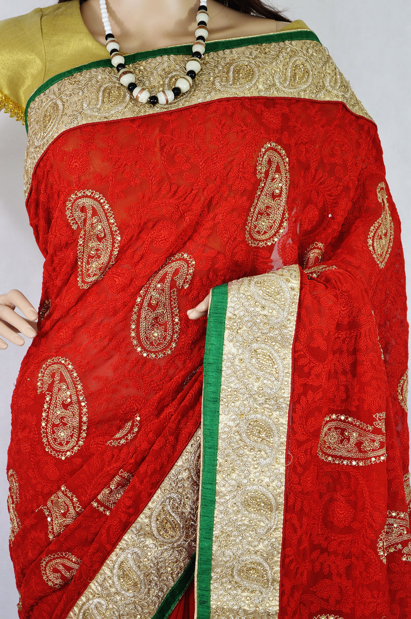 Beautiful Red,Green & Gold Colour Stone Work Saree