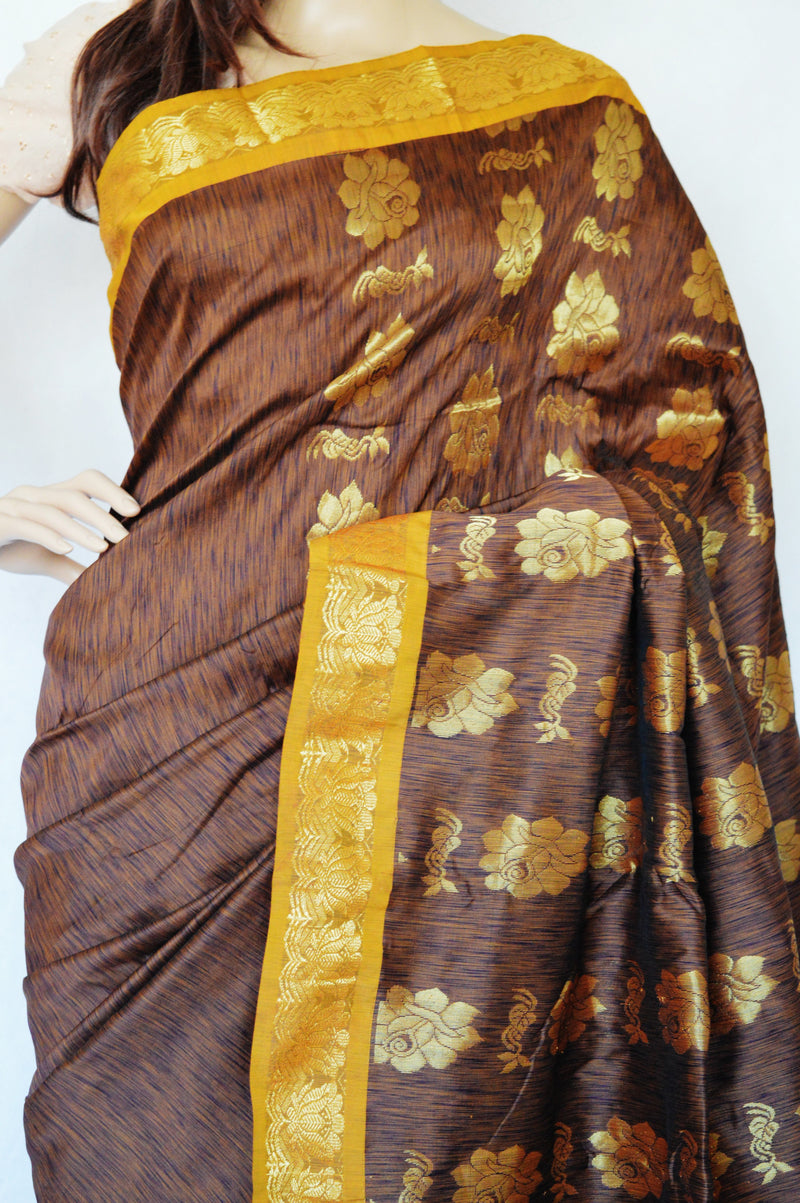 Gorgeous Brown & Gold Stripe Silk Saree