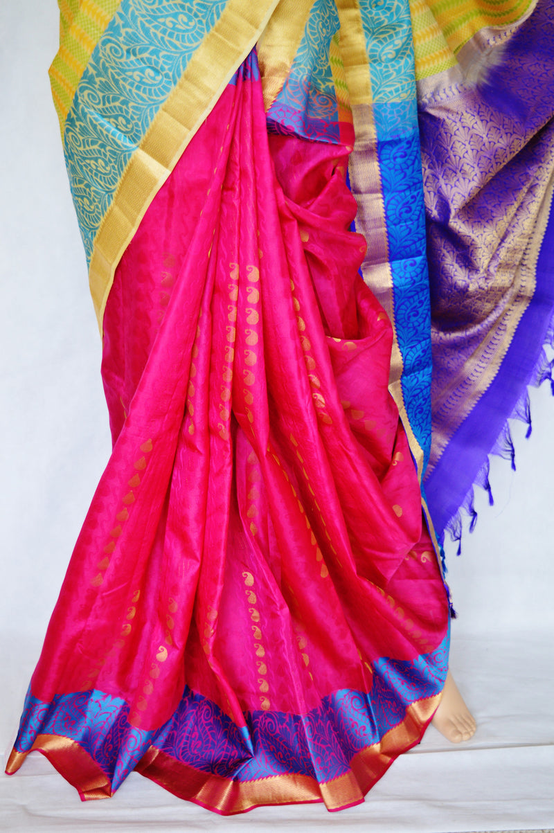 Magenta,Purple & Cream Kanchipuram Silk Saree