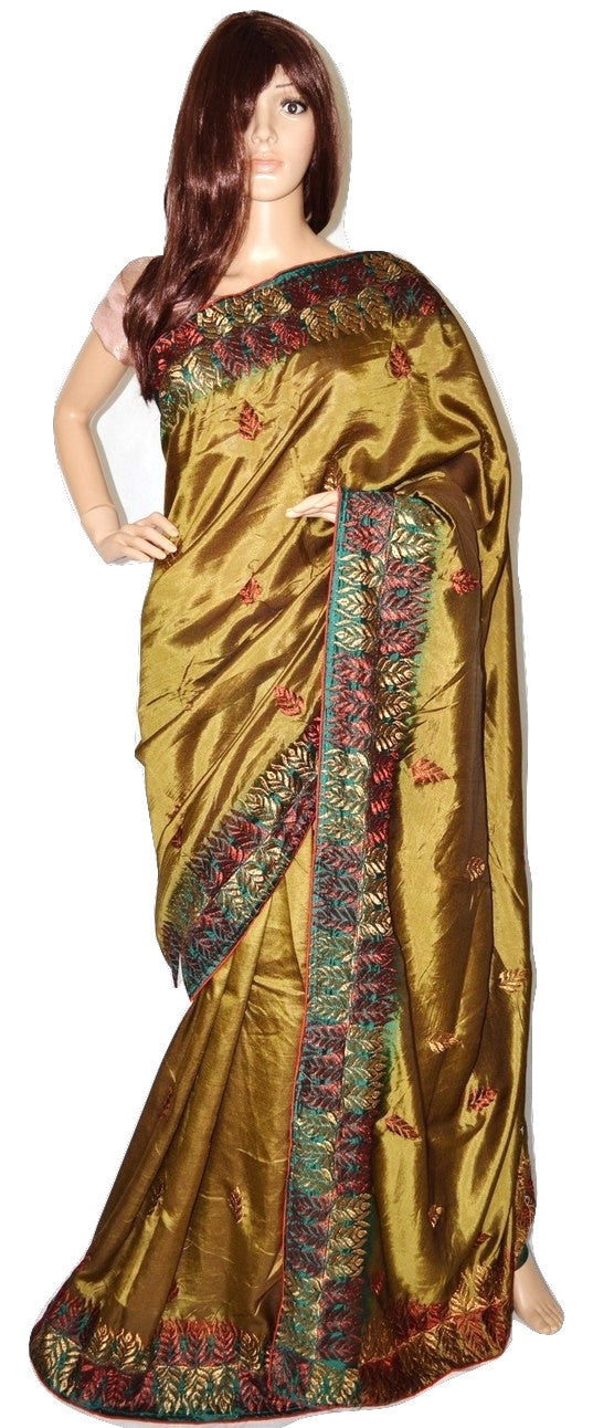 Beige,Red & Green Colour Zari Work Satin Saree