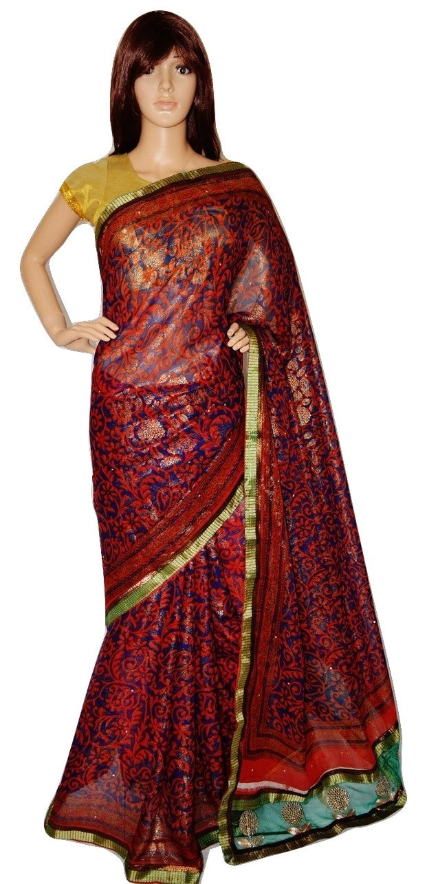 Red ,Blue & Gold Stone Work  Fancy Saree