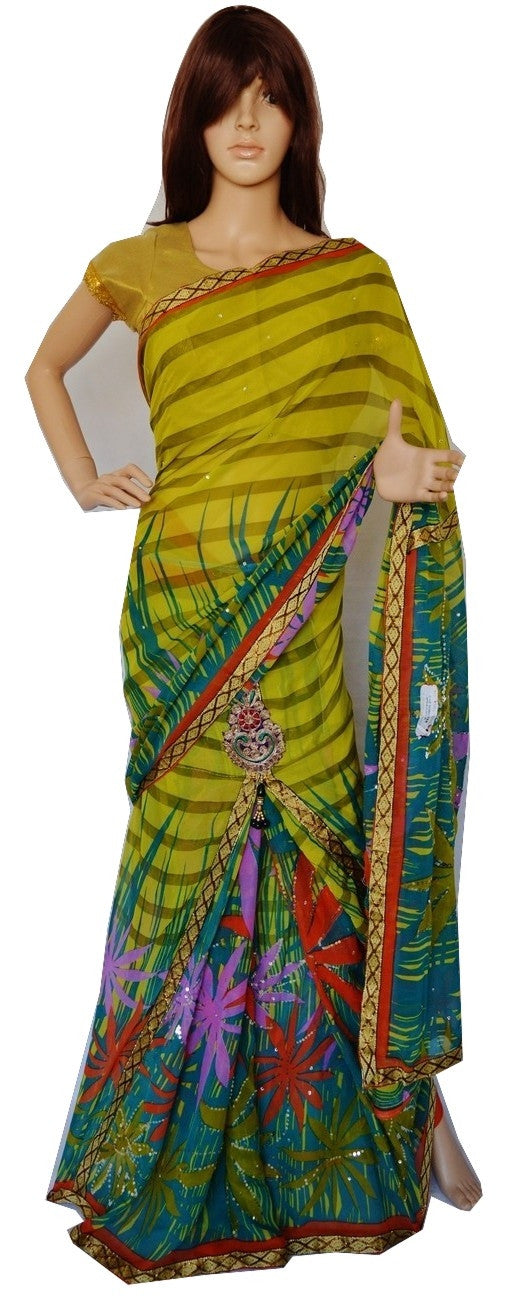 Green Stones & Sequins Works One Minute  Saree