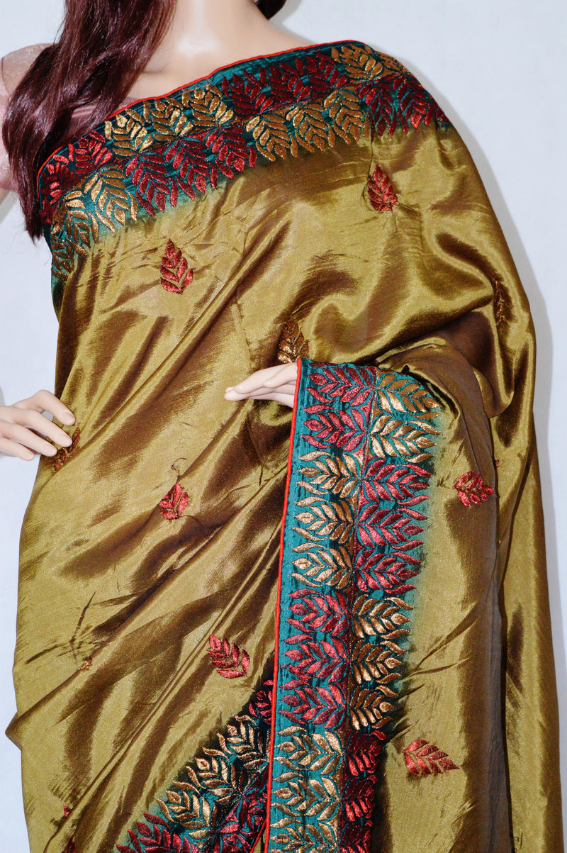 Beige,Red & Green Colour Zari Work Satin Saree