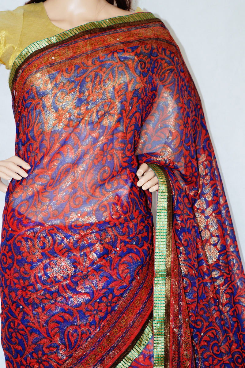 Red ,Blue & Gold Stone Work  Fancy Saree