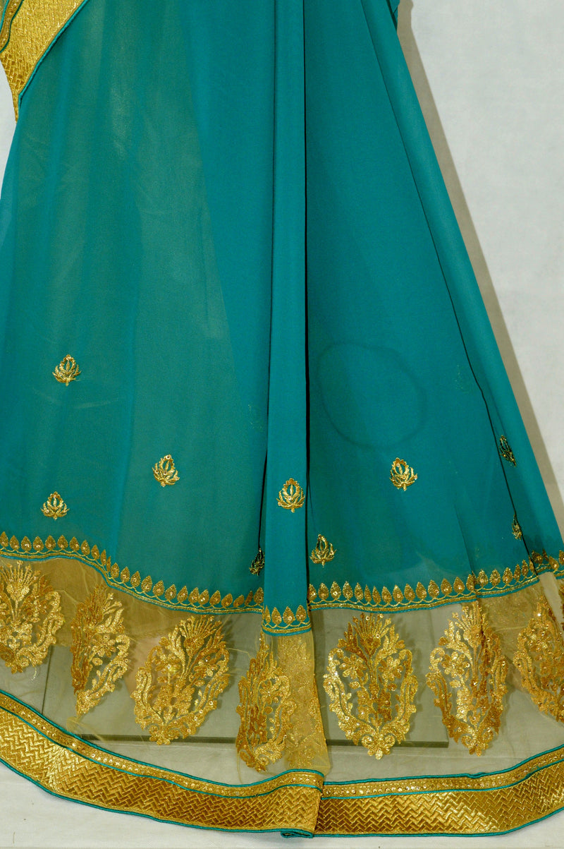 Stunning Turquoise Colour & Gold  Net Work  Saree