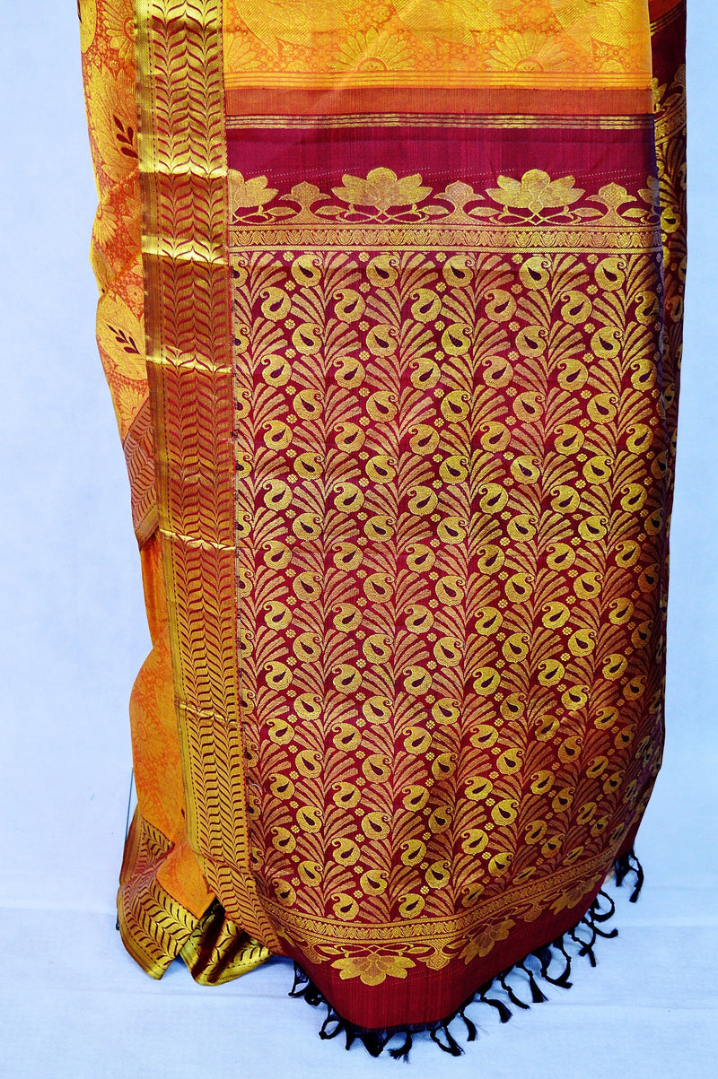 Mustard & Maroon Colour Pure Kanchipuram Pattu Silk Saree