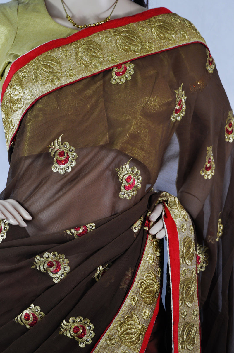 Gorgeous Brown ,Red & Gold Party Saree