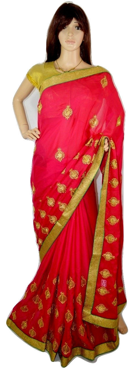 Dark Pink Saree With Green Brocade Blouse Piece