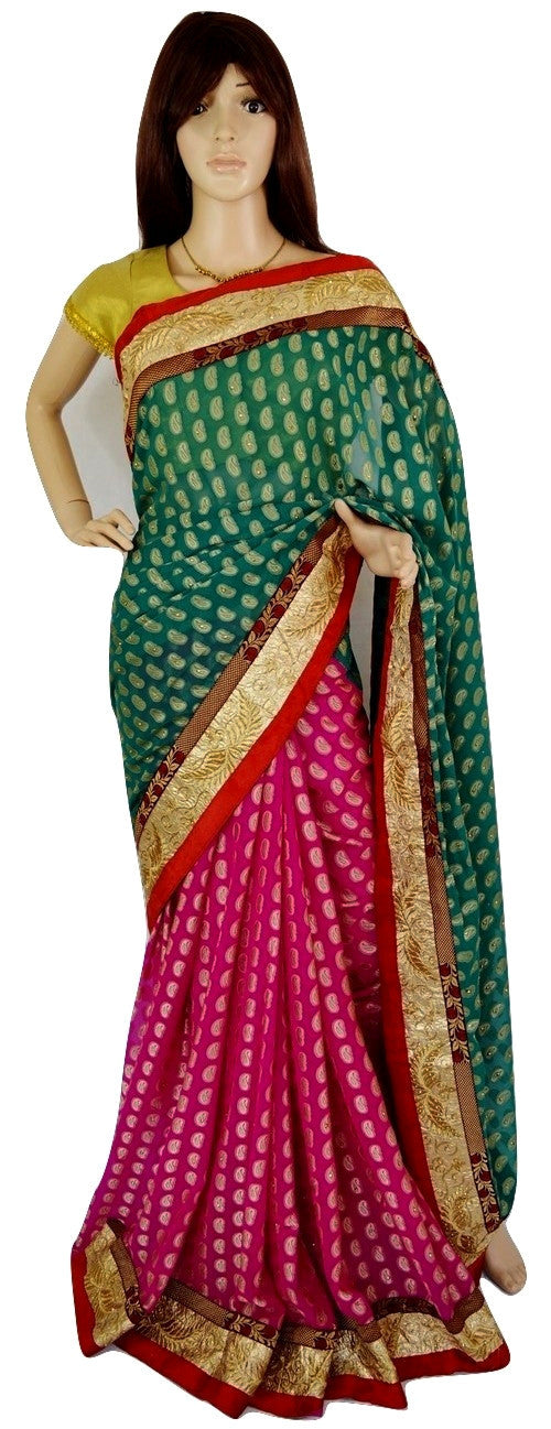 Fushcia & Green Stone Work Shital Fancy Jeard Saree