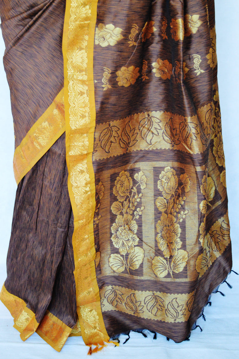 Gorgeous Brown & Gold Stripe Silk Saree