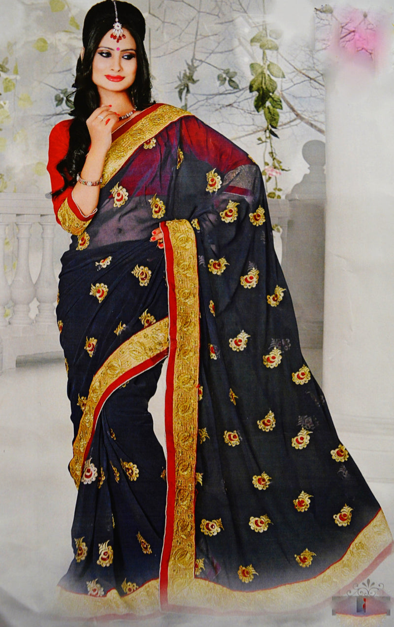 Pleasing Charcoal & Red Colour Party Wear Saree