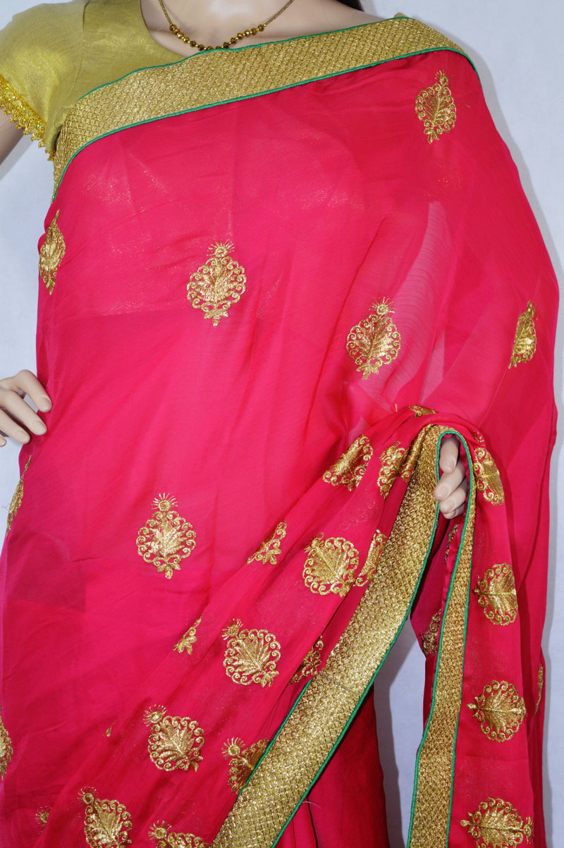 Dark Pink Saree With Green Brocade Blouse Piece