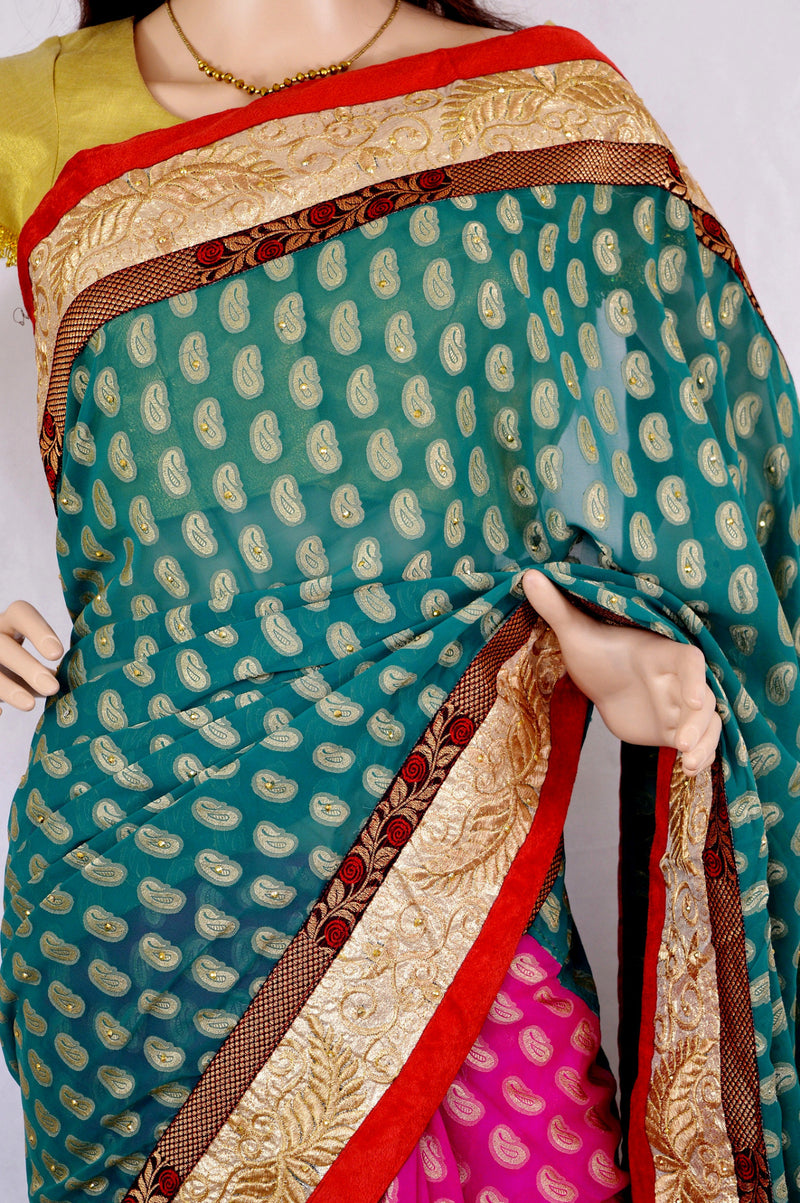 Fushcia & Green Stone Work Shital Fancy Jeard Saree