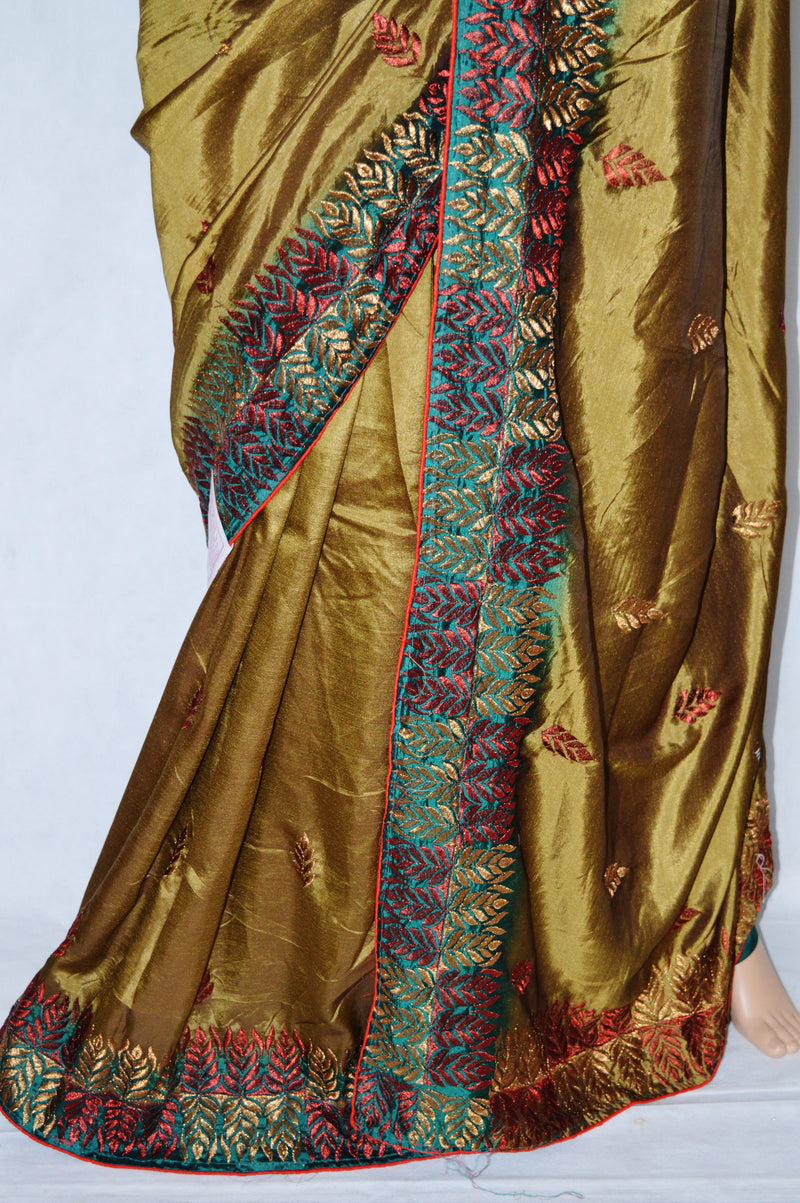 Beige,Red & Green Colour Zari Work Satin Saree