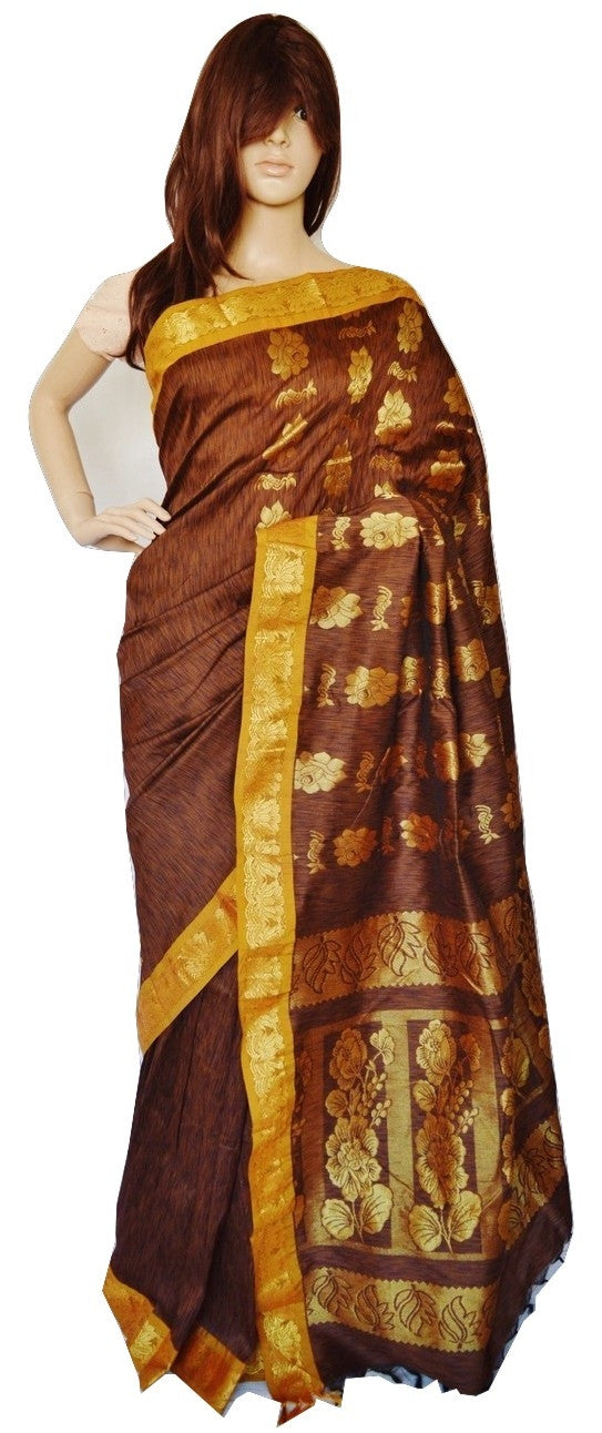 Gorgeous Brown & Gold Stripe Silk Saree