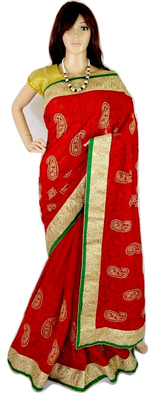 Beautiful Red,Green & Gold Colour Stone Work Saree