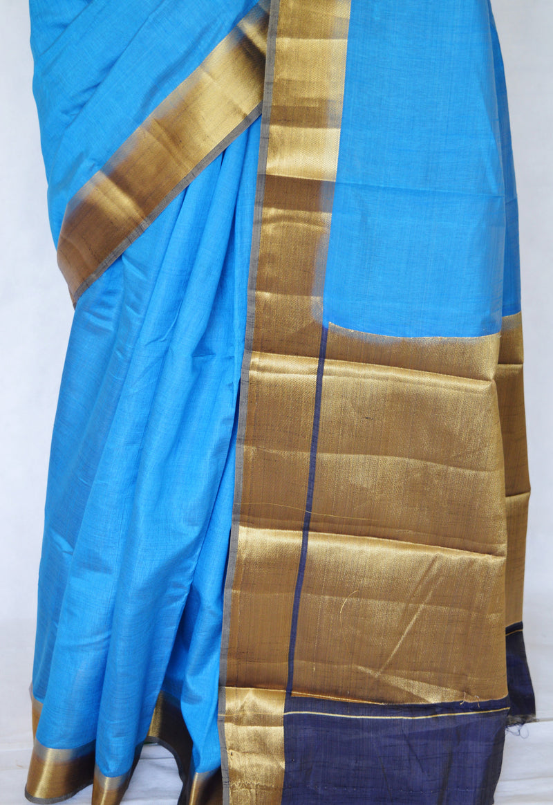 Blue & Gold Pure Silk & Cotton Saree