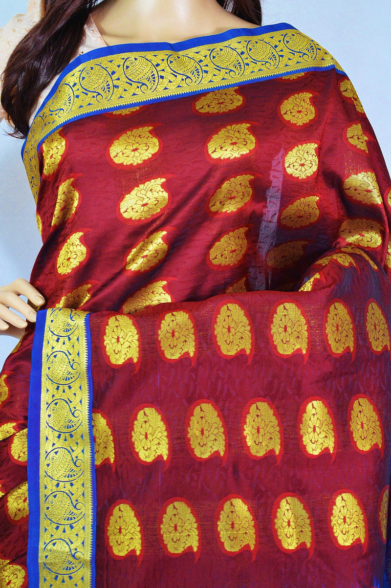 Burgundy ,Blue  & Gold  Kanchipuram Silk Saree