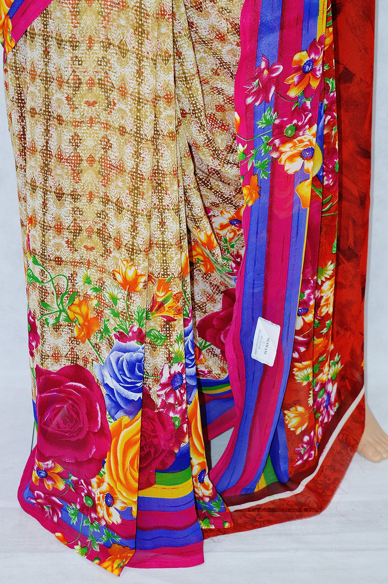 Red & Multi Colour Flower Print Suswani Saree