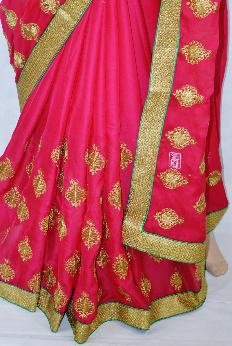 Dark Pink Saree With Green Brocade Blouse Piece