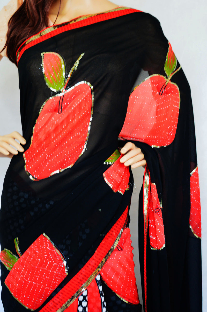 Black & Red Colour Sequins Work Half & Half Saree