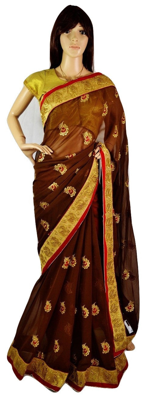 Gorgeous Brown ,Red & Gold Party Saree