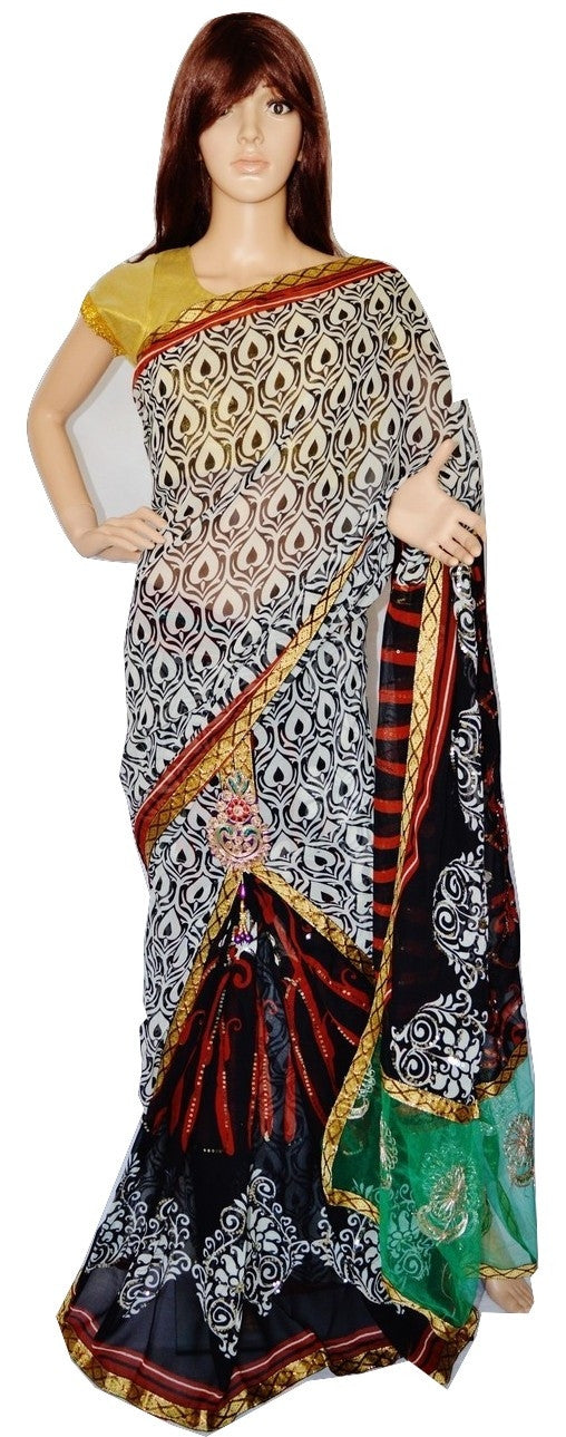 White & Black Sequins Work One Minute  Saree