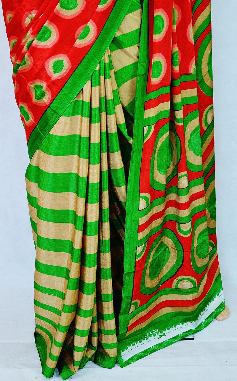 Red,Beige & Green Colour Kund Malai Crepe Silk Saree