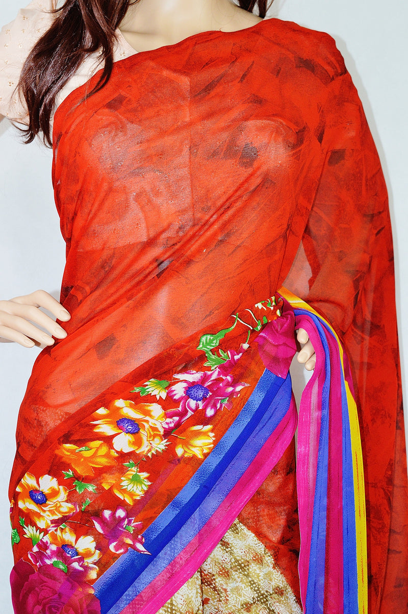 Red & Multi Colour Flower Print Suswani Saree