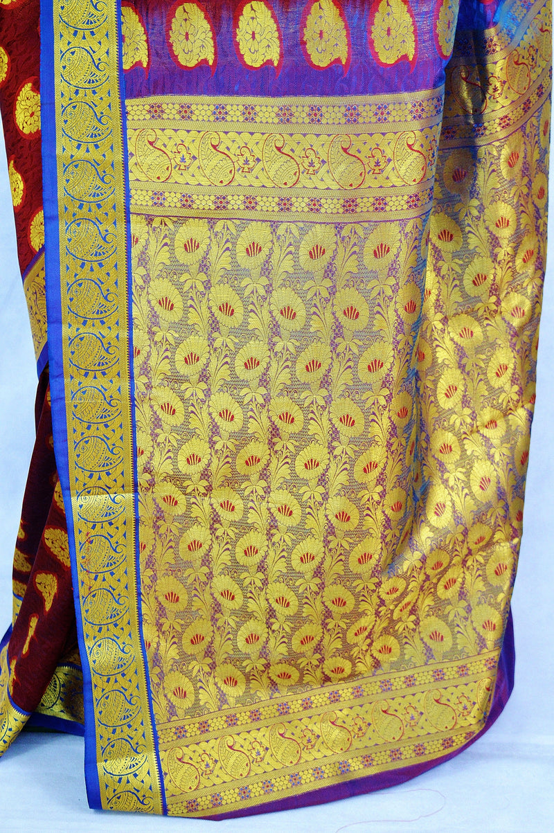 Burgundy ,Blue  & Gold  Kanchipuram Silk Saree