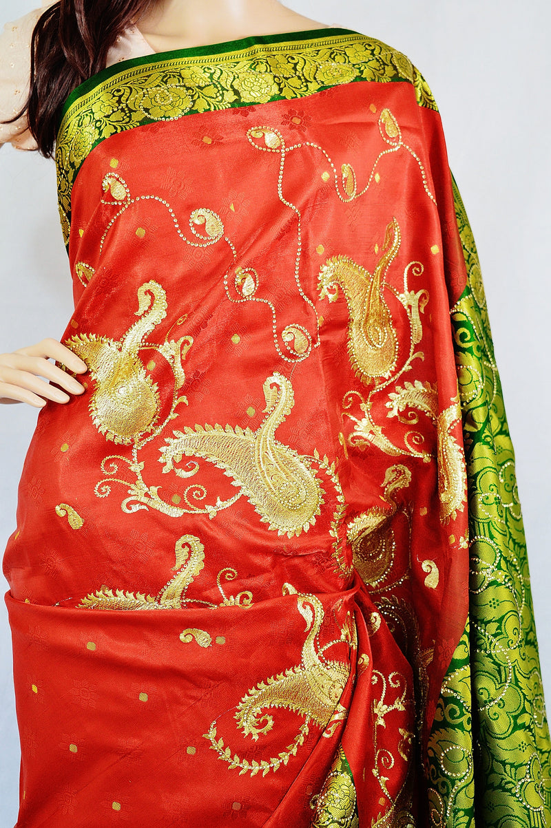 Brown & Green Sequins Work Banaras Silk Saree